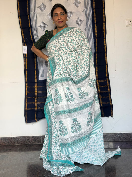 White & turquoise khadi cotton saree
