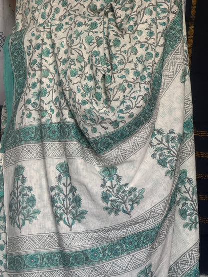 White & turquoise khadi cotton saree