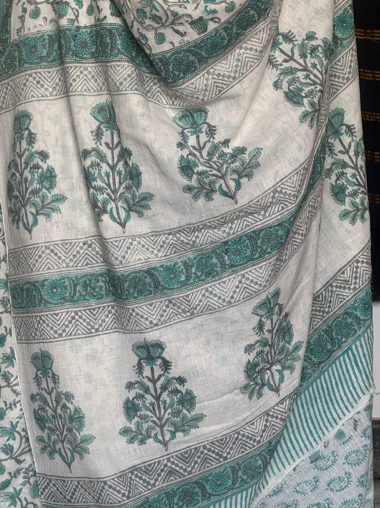 White & turquoise khadi cotton saree