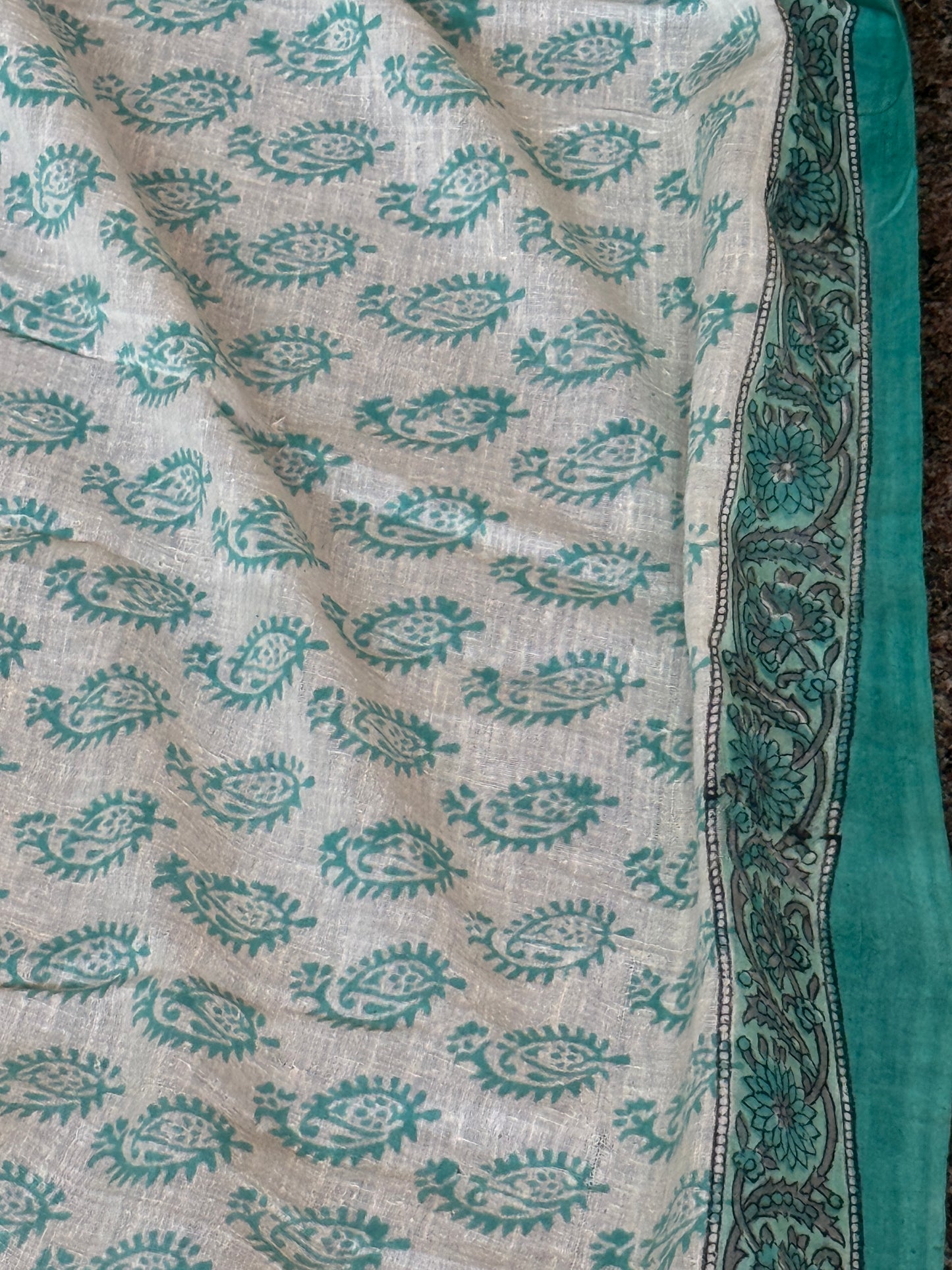 White & turquoise khadi cotton saree