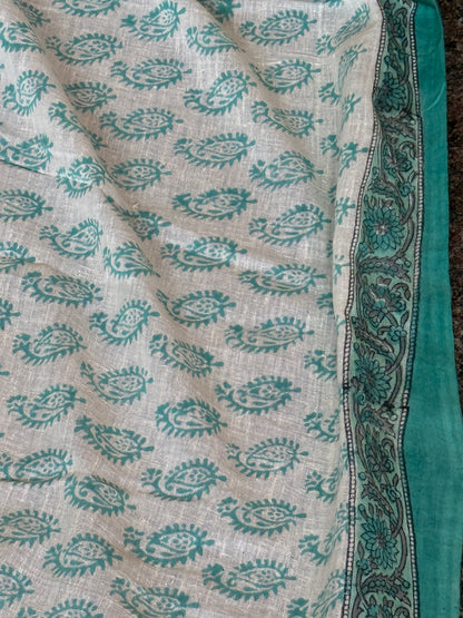White & turquoise khadi cotton saree