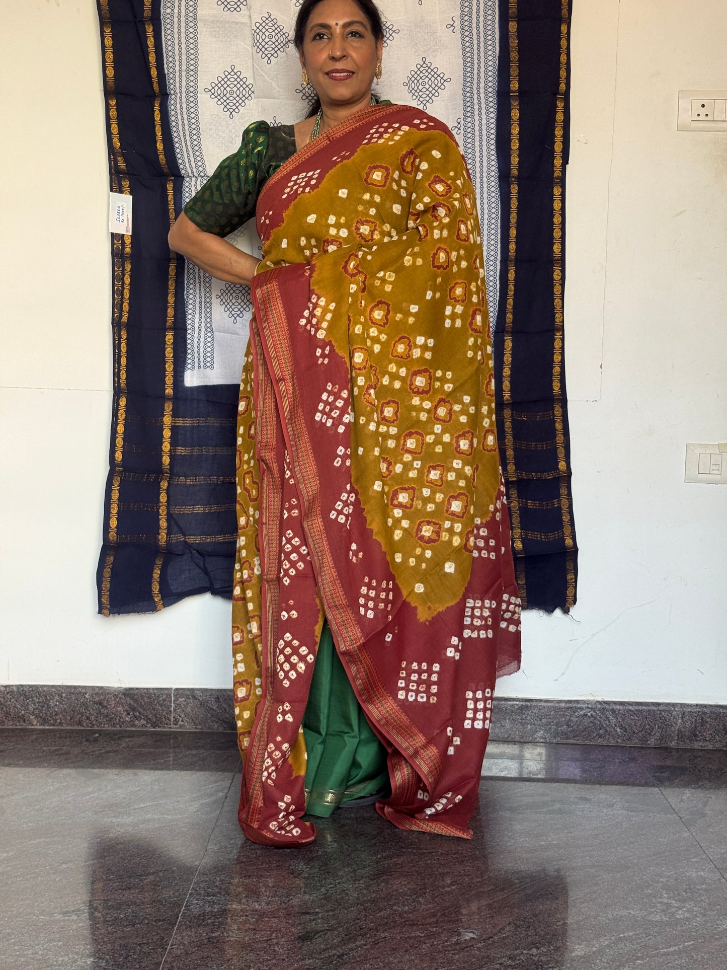 Mustard & brick red Bandini cotton saree
