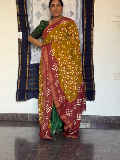 Mustard & brick red Bandini cotton saree