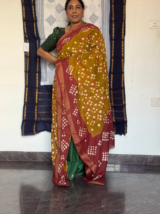 Mustard & brick red Bandini cotton saree