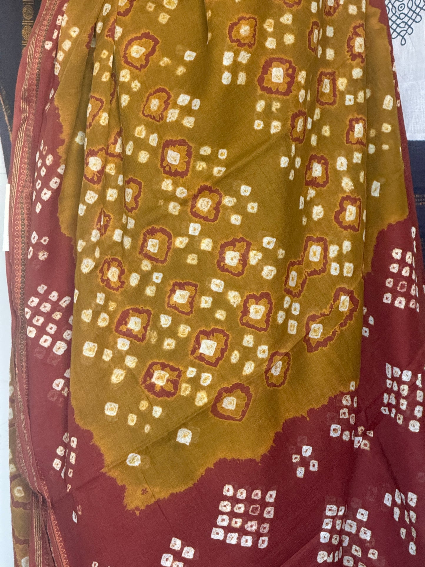 Mustard & brick red Bandini cotton saree