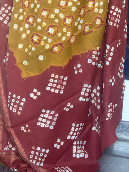 Mustard & brick red Bandini cotton saree