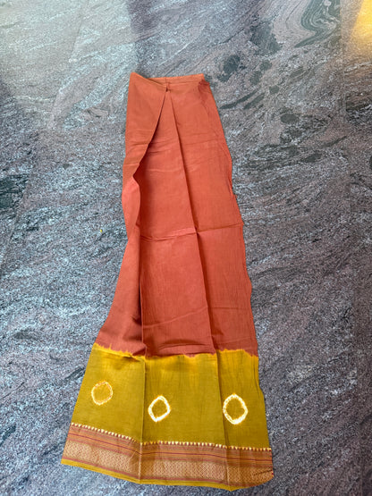 Mustard & brick red Bandini cotton saree