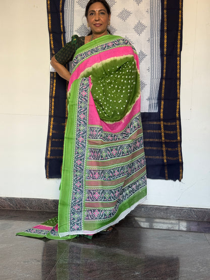 Rose Pink & Parrot Green Bandhani Cotton saree