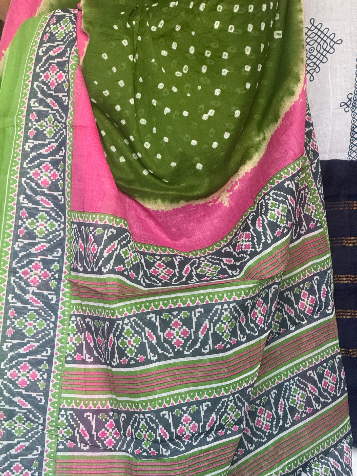 Rose Pink & Parrot Green Bandhani Cotton saree