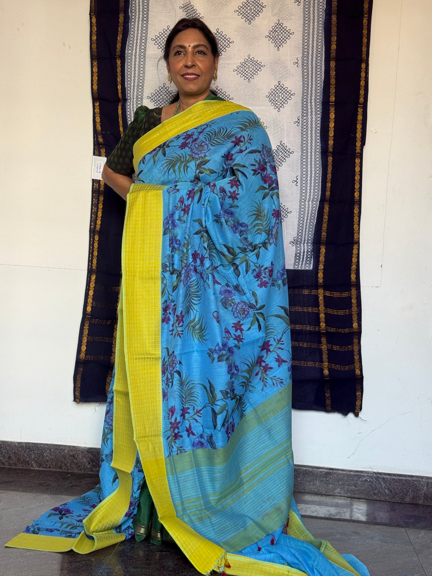 Blue & citrus yellow khadi cotton saree