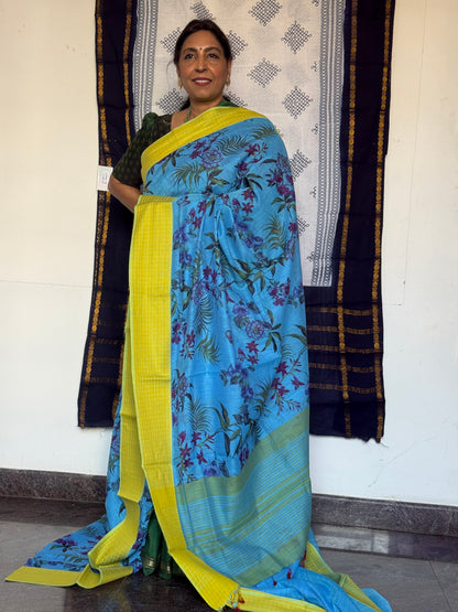 Blue & citrus yellow khadi cotton saree