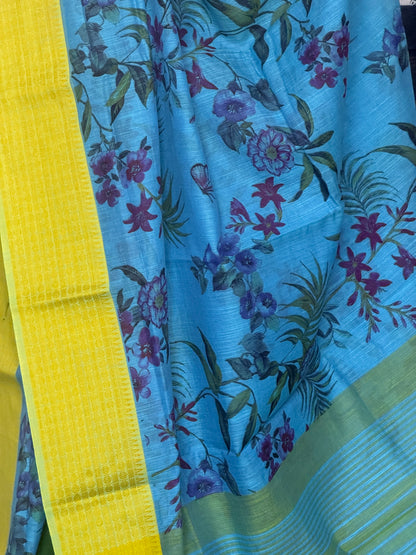 Blue & citrus yellow khadi cotton saree