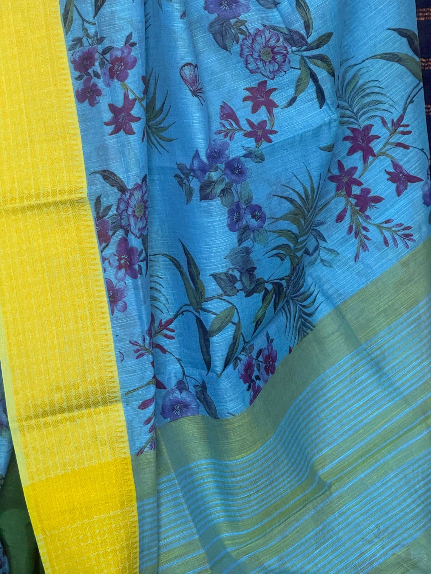 Blue & citrus yellow khadi cotton saree