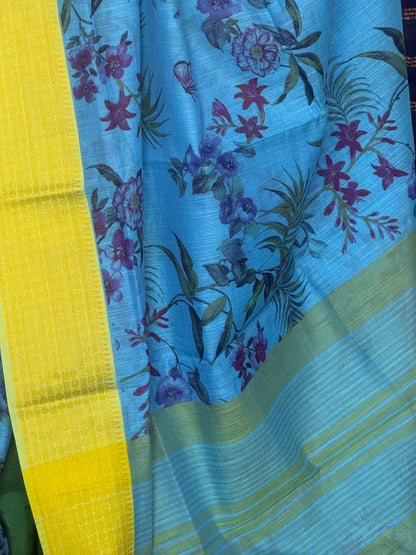 Blue & citrus yellow khadi cotton saree