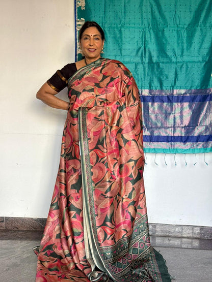 Floral Pink &  dark Green Semi Tussar