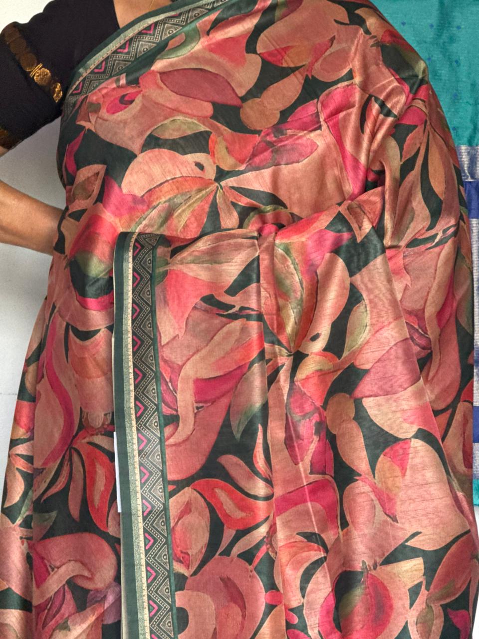 Floral Pink &  dark Green Semi Tussar