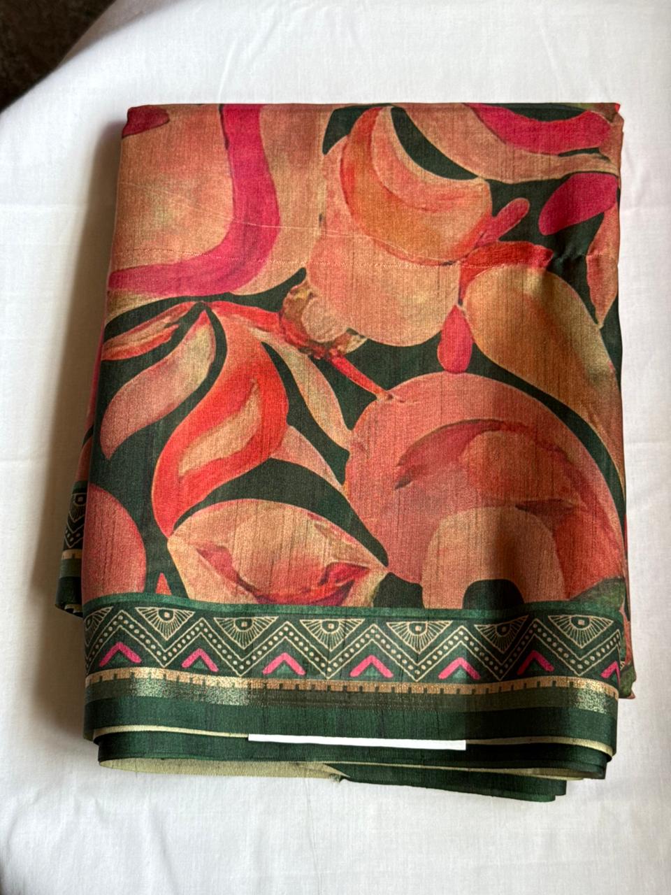 Floral Pink &  dark Green Semi Tussar
