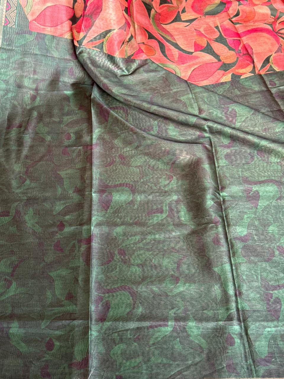 Floral Pink &  dark Green Semi Tussar