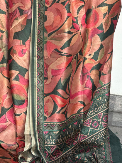 Floral Pink &  dark Green Semi Tussar