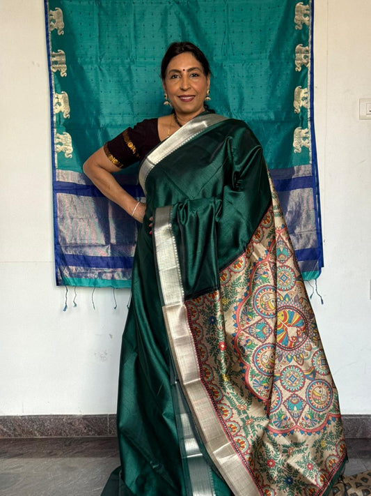 Dark Green Textured Semi Tussar