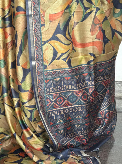 Sunset Yellow & Navy Semi Tussar