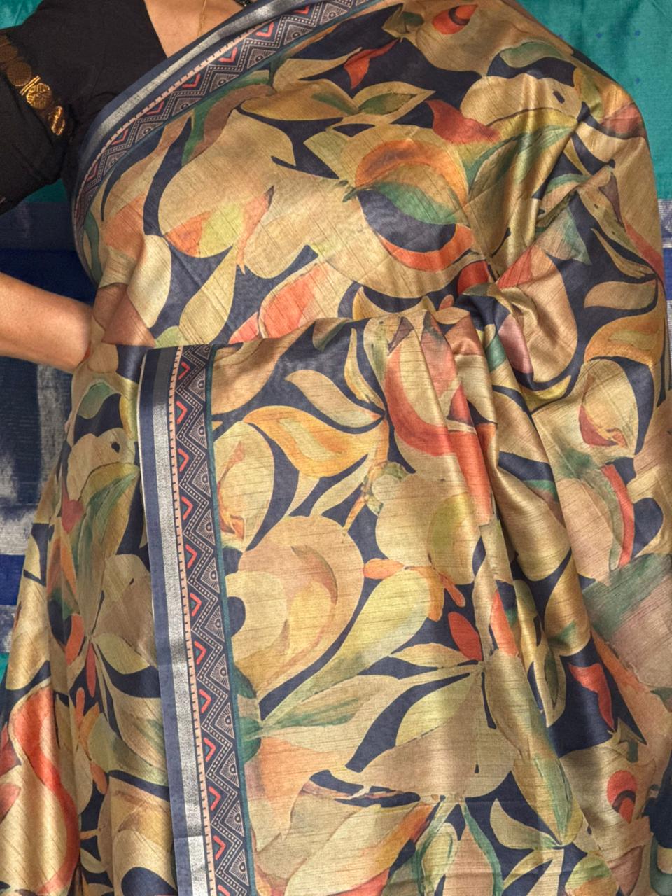 Sunset Yellow & Navy Semi Tussar