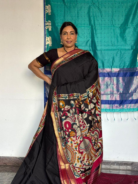 Black Semi-Soft Silk Kalamkari Saree