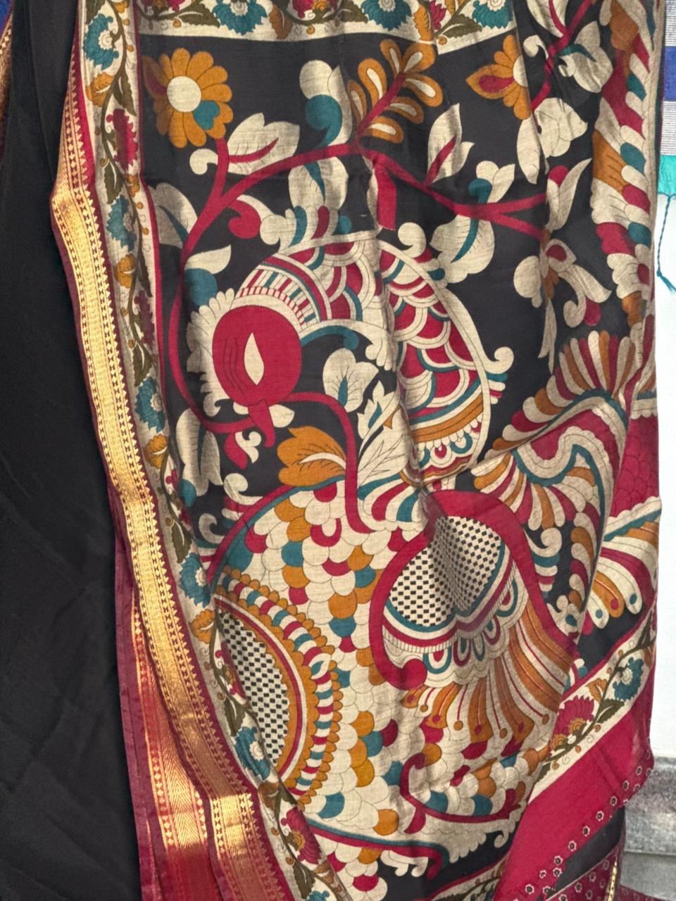 Black Semi-Soft Silk Kalamkari Saree